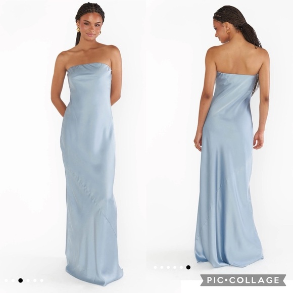 Show Me Your MuMu Dresses & Skirts - NWOT Show Me Your Mumu Taylor Tube Maxi Dress in Steel Blue Luxe Satin